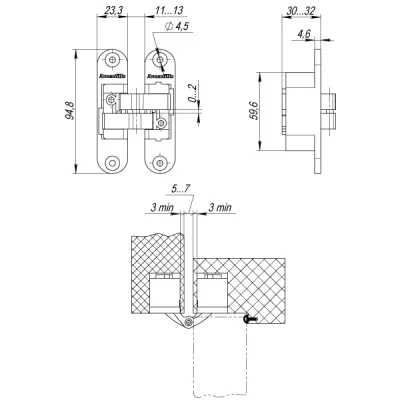 Петля скрытой установки U3D4200R CP правая (Architect 3D-ACH 40) хром 40 кг